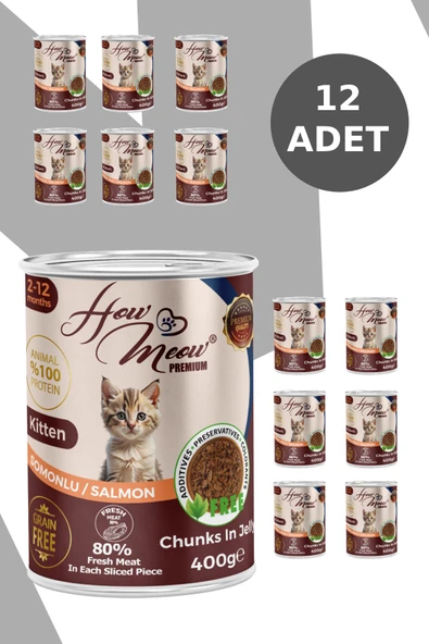 HOW MEOW 12 ADET JÖLELİ PARÇA ETLİ YAVRU KEDİ YAŞ MAMASI SOMONLU 400 GRAM - 2