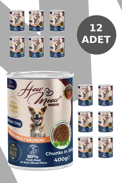 HOW MEOW 12 ADET JÖLELİ PARÇA ETLİ YETİŞKİN KÖPEK YAŞ MAMASI SOMONLU 400 GRAM - 2