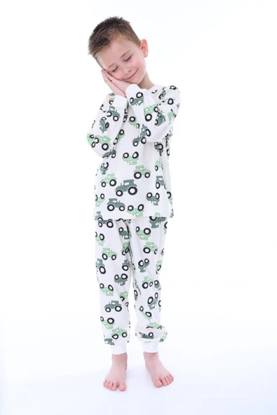 %100 Pamuk Yeşil Traktör Desenli Erkek Pijama Takımı - 2
