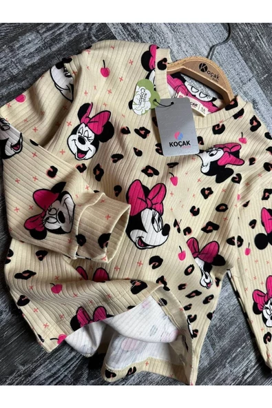 %100 Pamuk Minnie Fitilli Kız Pijama Takımı - 3