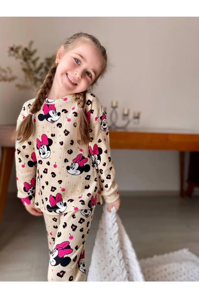 %100 Pamuk Minnie Fitilli Kız Pijama Takımı