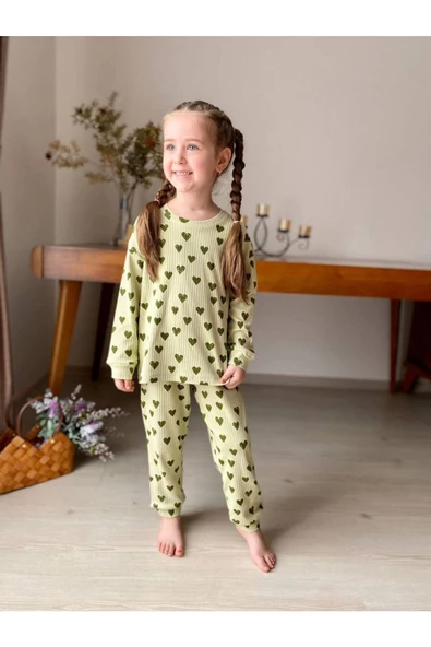 % 100 Pamuk Kalp Baskılı Fitilli Kız Pijama Takımı