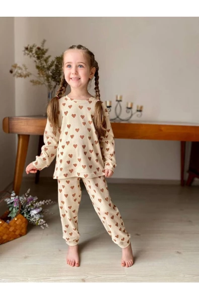% 100 Pamuk Kalp Baskılı Fitilli Kız Pijama Takımı - 4