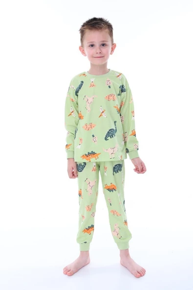 %100 Pamuk Yeşil Dino Desenli Erkek Pijama Takımı