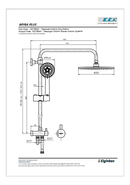 Eca Myra Plus Teleskobik Kolonlu Tepe Duş Seti 102158041 - 2