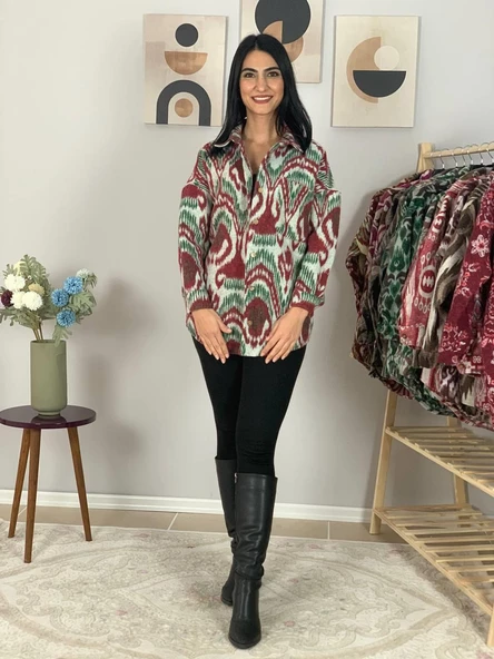 Kadın Tek Cepli Desenli Kalın Oduncu Ceket Gömlek (Yeşil-Bordo) - 5