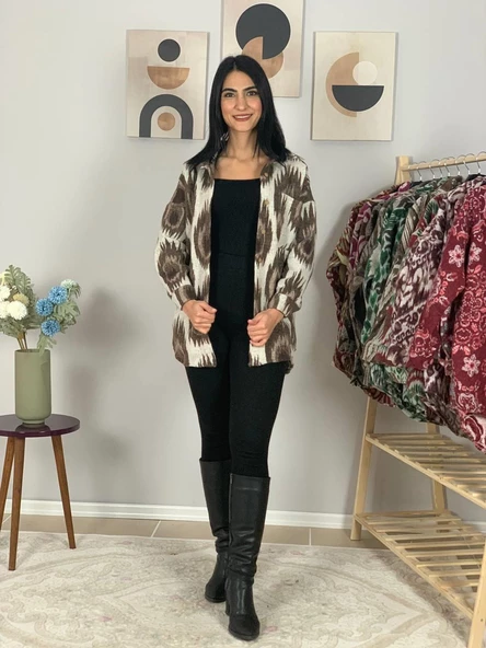 Kadın Tek Cepli Desenli Kalın Oduncu Ceket Gömlek (Krem-Kahve) - Resim 3