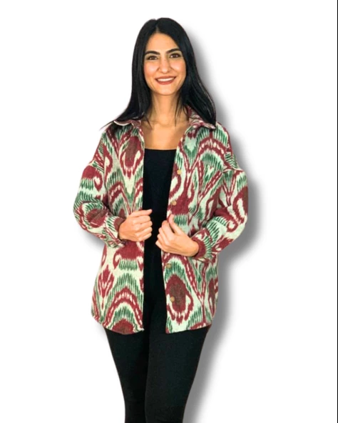 Kadın Tek Cepli Desenli Kalın Oduncu Ceket Gömlek (Yeşil-Bordo)