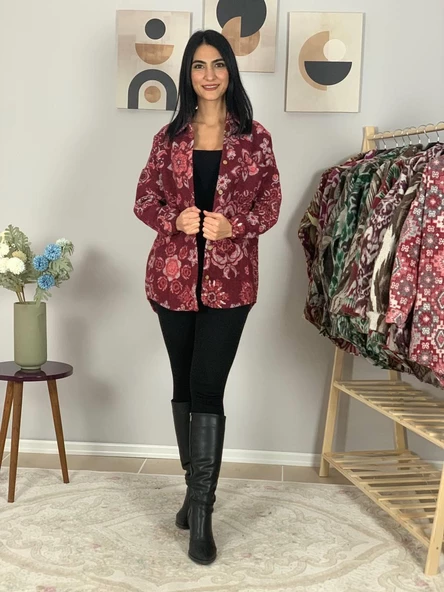 Kadın Tek Cepli Desenli Kalın Oduncu Ceket Gömlek (Kırmızı-Pembe) - Resim 3