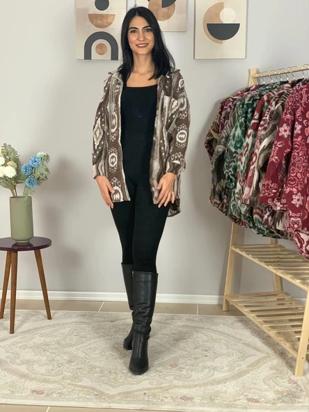 Kadın Tek Cepli Desenli Kalın Oduncu Ceket Gömlek (Kahve-Krem) - 6