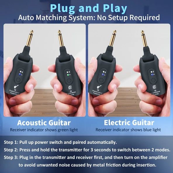 A9 Kablosuz Gitar Sistemi Alıcı Verici Şarjlı Elektro Gitar Bas Keman Elektro Saz - 3