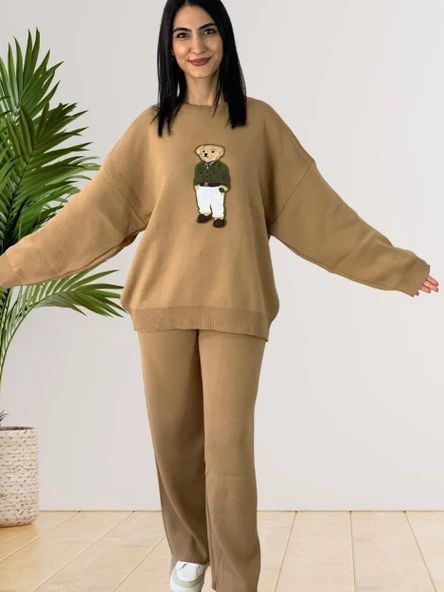 Kadın Uzun Kol Teddy Bear Bisiklet Yaka Triko Kazak Pantolon Takım (Bal) - 3