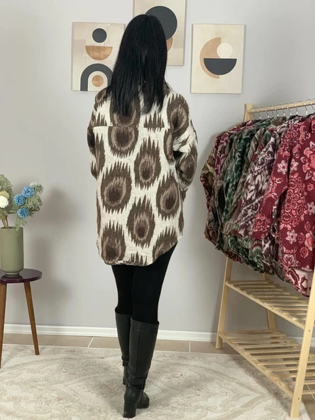 Kadın Tek Cepli Desenli Kalın Oduncu Ceket Gömlek (Krem-Kahve) - Resim 6