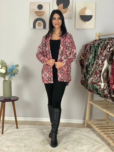 Kadın Tek Cepli Desenli Kalın Oduncu Ceket Gömlek (Pembe-Gri) - Resim 4