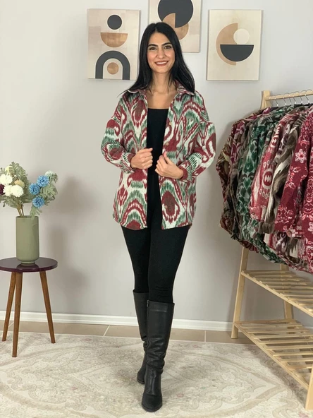 Kadın Tek Cepli Desenli Kalın Oduncu Ceket Gömlek (Yeşil-Bordo) - 2