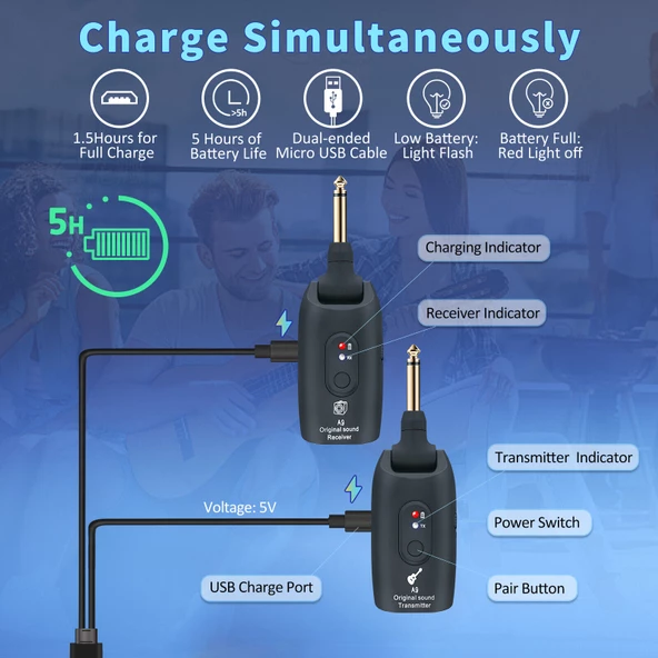 A9 Kablosuz Gitar Sistemi Alıcı Verici Şarjlı Elektro Gitar Bas Keman Elektro Saz - 4