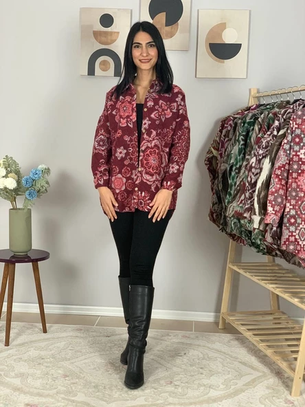 Kadın Tek Cepli Desenli Kalın Oduncu Ceket Gömlek (Kırmızı-Pembe) - Resim 2