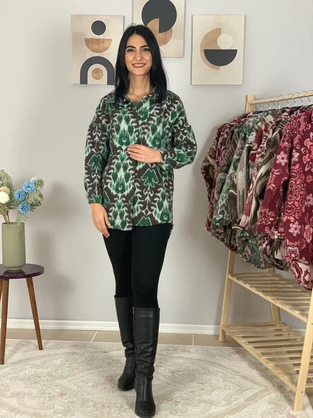 Kadın Tek Cepli Desenli Kalın Oduncu Ceket Gömlek (Kahve-Yeşil) - Resim 4