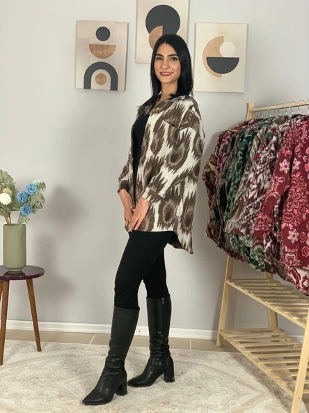 Kadın Tek Cepli Desenli Kalın Oduncu Ceket Gömlek (Krem-Kahve) - Resim 5