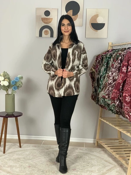 Kadın Tek Cepli Desenli Kalın Oduncu Ceket Gömlek (Krem-Kahve) - Resim 4