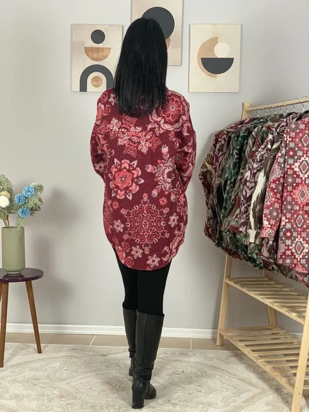 Kadın Tek Cepli Desenli Kalın Oduncu Ceket Gömlek (Kırmızı-Pembe) - Resim 6