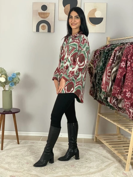 Kadın Tek Cepli Desenli Kalın Oduncu Ceket Gömlek (Yeşil-Bordo) - 4