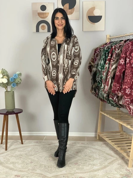 Kadın Tek Cepli Desenli Kalın Oduncu Ceket Gömlek (Kahve-Krem) - 2