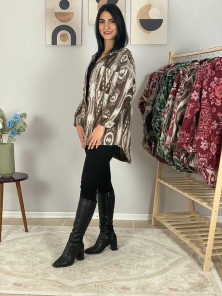 Kadın Tek Cepli Desenli Kalın Oduncu Ceket Gömlek (Kahve-Krem) - 5