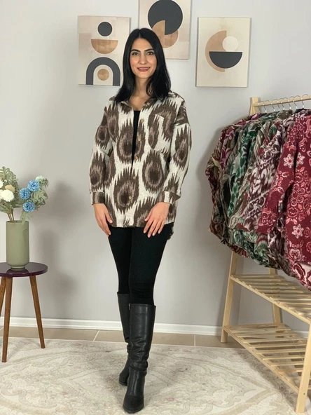 Kadın Tek Cepli Desenli Kalın Oduncu Ceket Gömlek (Krem-Kahve) - Resim 2