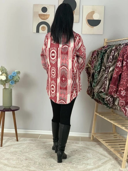 Kadın Tek Cepli Desenli Kalın Oduncu Ceket Gömlek (Kırmızı-Beyaz) - Resim 5