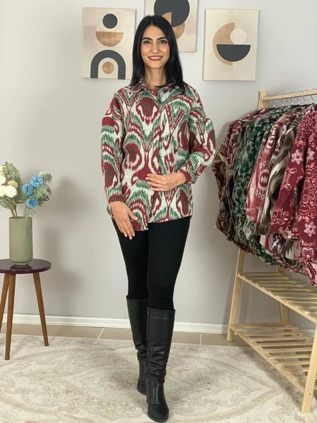 Kadın Tek Cepli Desenli Kalın Oduncu Ceket Gömlek (Yeşil-Bordo) - 6