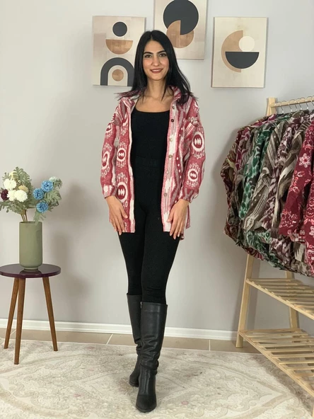 Kadın Tek Cepli Desenli Kalın Oduncu Ceket Gömlek (Kırmızı-Beyaz) - Resim 2