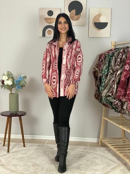 Kadın Tek Cepli Desenli Kalın Oduncu Ceket Gömlek (Kırmızı-Beyaz) - Resim 3