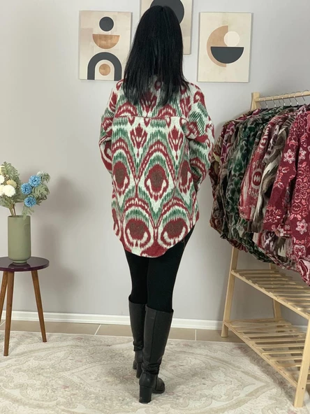 Kadın Tek Cepli Desenli Kalın Oduncu Ceket Gömlek (Yeşil-Bordo) - 7