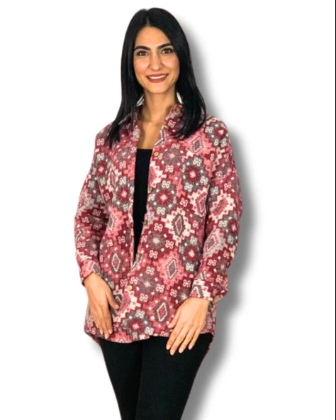 Kadın Tek Cepli Desenli Kalın Oduncu Ceket Gömlek (Pembe-Gri)