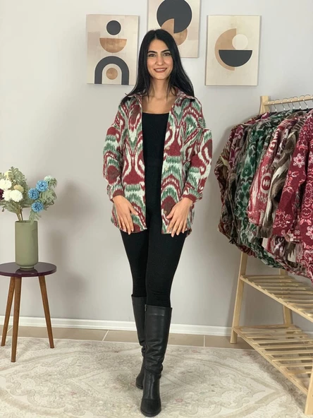 Kadın Tek Cepli Desenli Kalın Oduncu Ceket Gömlek (Yeşil-Bordo) - 3