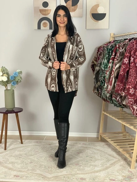 Kadın Tek Cepli Desenli Kalın Oduncu Ceket Gömlek (Kahve-Krem) - 3