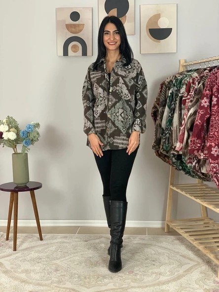 Kadın Tek Cepli Desenli Kalın Oduncu Ceket Gömlek (Kahve) - Resim 4