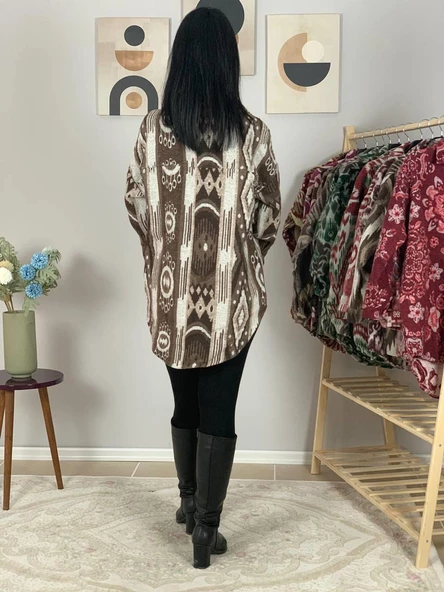 Kadın Tek Cepli Desenli Kalın Oduncu Ceket Gömlek (Kahve-Krem) - 7