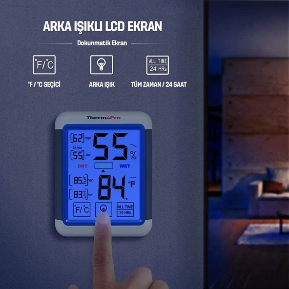 ThermoPro TP55 Termometre İç Mekan Dijital Isı ve Nem Ölçer - 2 Adet - 7