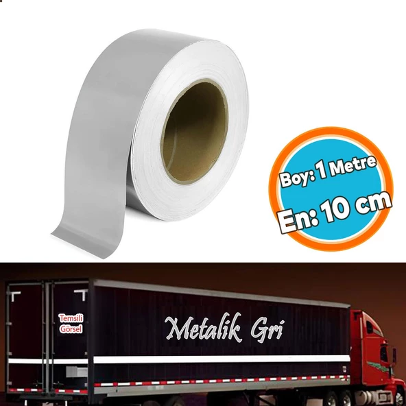 Düz Desensiz En 10 cm 1 Mt İkaz Bandı Reflektif Gece Parlayan Reflektörlü Bant Metalize Gri Renk