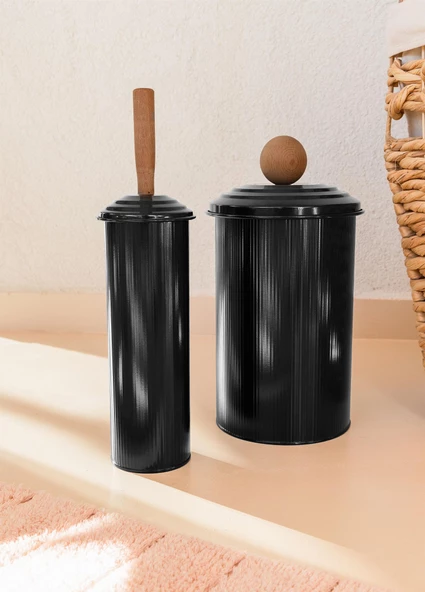 The Mia Stripe Çöp Kovası & Tuvalet Fırçası Banyo Seti Siyah - 2