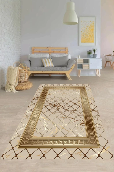 Makinede Yıkanabilir Leke Tutmaz  Vizon-Gold Deko Deri Kaymaz Taban Versace Salon Saçaksız Halı B1280  KARMA 200 x 300