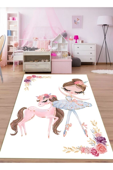 Makinede Yıkanabilir Leke Tutmaz  Beyaz Pvc Deri Kaymaz Taban Prenses ve Unicorn Kız Çocuk Saçaksız Halı H7208  BEYAZ 200 x 290