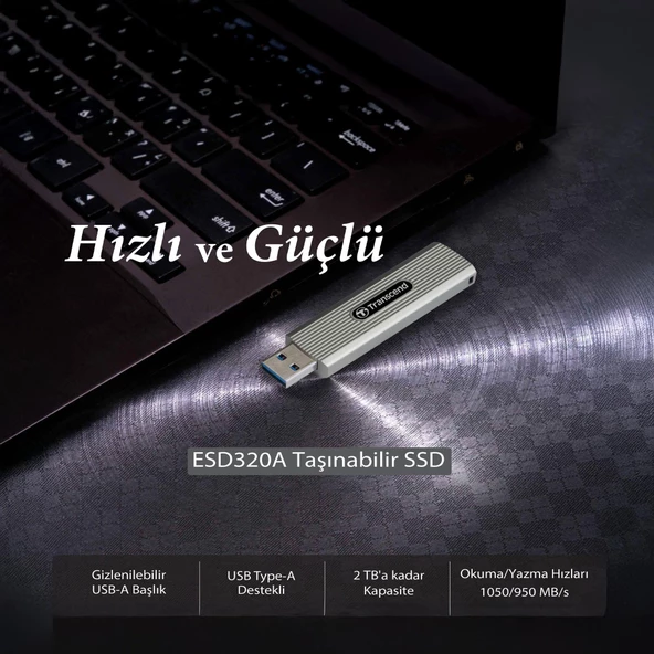 Transcend TS1TESD320A 1TB USB 10Gbps 1050/950MB/s Gizlenebilir Başlıklı Taşınabilir Metal Kasa SSD - 3