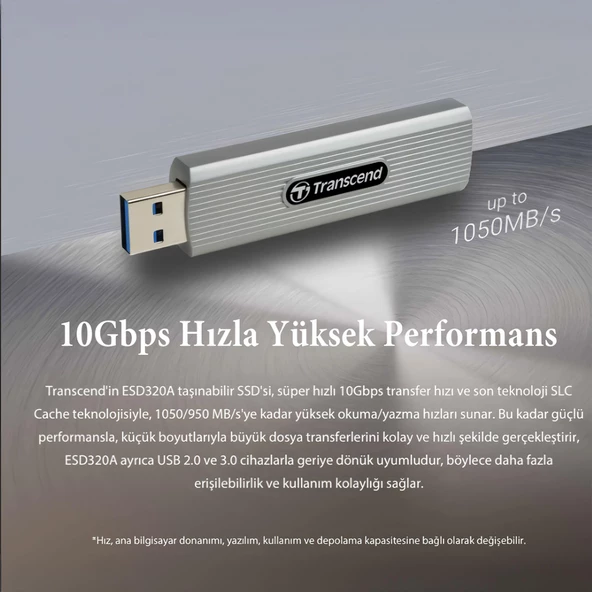 Transcend TS1TESD320A 1TB USB 10Gbps 1050/950MB/s Gizlenebilir Başlıklı Taşınabilir Metal Kasa SSD - 4