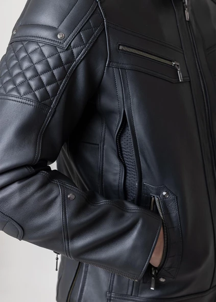 HD BIKER PROFESSIONAL SİYAH DERİ KORUMALI MOTOSİKLET MONT - 4