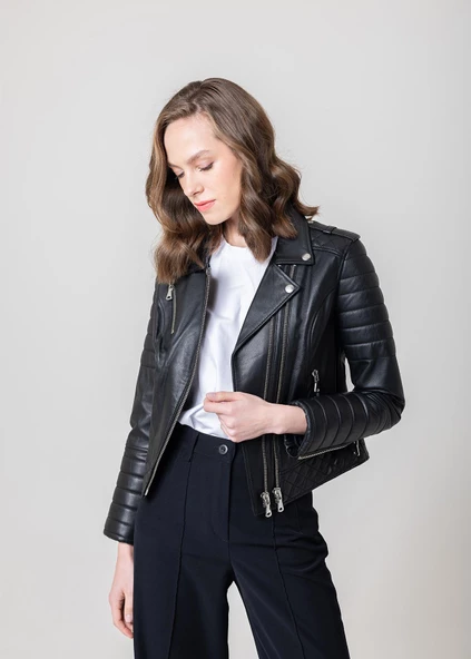 ARWEN KADIN SİYAH DERİ KORUMALI MONT - 5