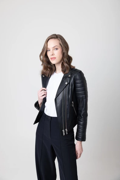 ARWEN KADIN SİYAH DERİ KORUMALI MONT - 2