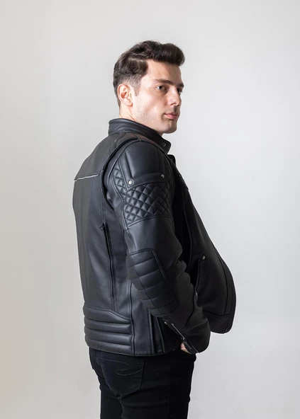 HD BIKER PROFESSIONAL SİYAH DERİ KORUMALI MOTOSİKLET MONT - 2